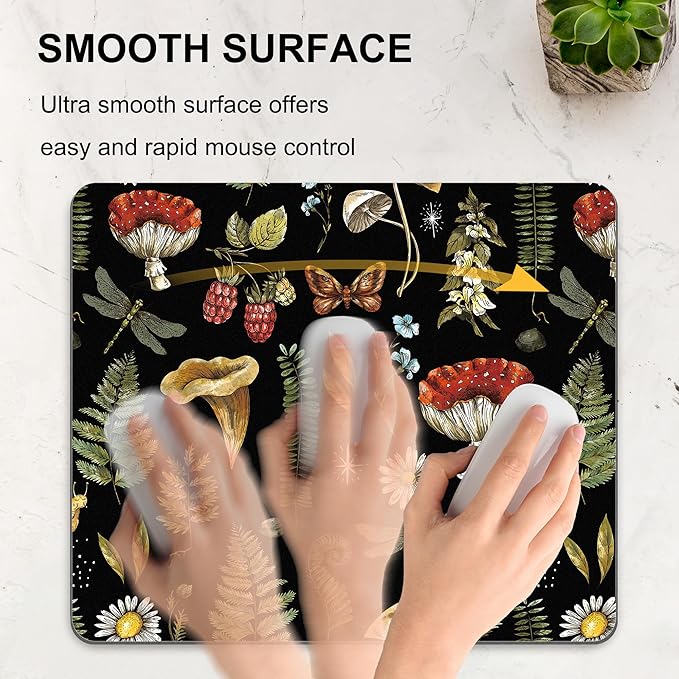 Black Mushroom Mouse Pad Cute, Vintage Cottagecore Aesthetic Flower Square Mousepad Washable Magic Nature Forest Moth Plant Leaf Mouse Mat Non-Slip for Desk Gaming Office Laptop Wireless Mouse