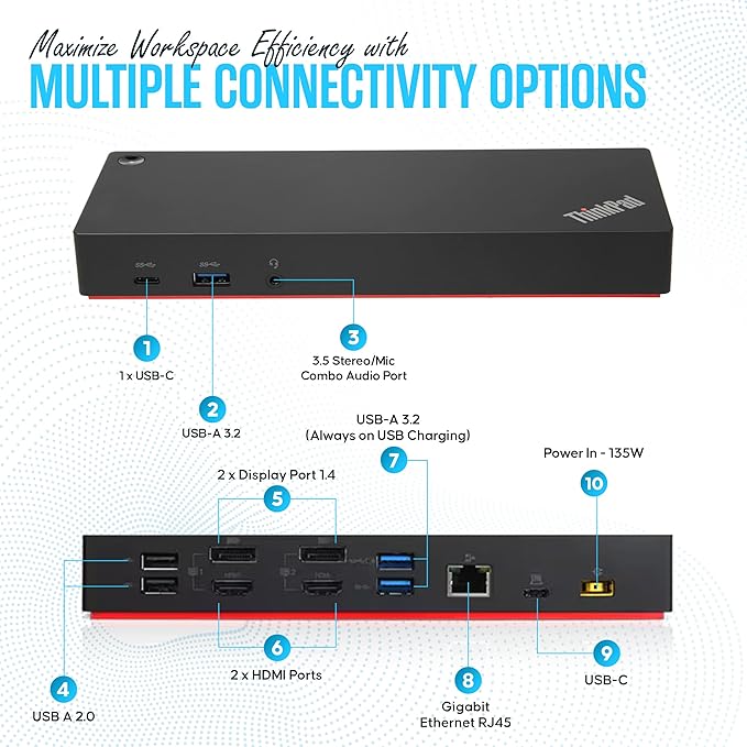 40AF0135US Lenovo Docking Station Dual Monitor Hybrid USB-C with USB-A - Thinkpad Dock with 135W Adap TER, HDMI, DisplayPort, USB C Cable & Cleaning Cloth - Thinkpad Docking Station