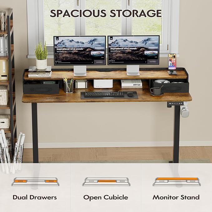 Furmax Electric Standing Desk with Drawers, Stand Up Desk with Storage Shelf Height Adjustable Computer Desk with Organizer for Home Office Ergonomic (Rustic Brown, 55 Inch)
