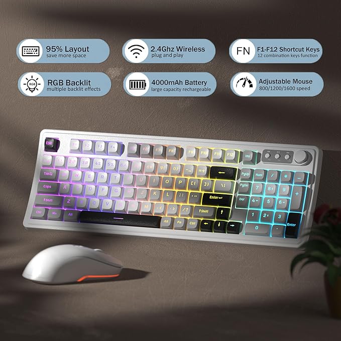 MageGee V990 Creamy Wireless Keyboard and Mouse Combo, 99 Keys RGB Backlit Rechargeable Quiet Gaming Keyboard, Adjustable Optical Mouse, with Number Pad, Keyboards Set for Desktop, Laptop, PC(White)