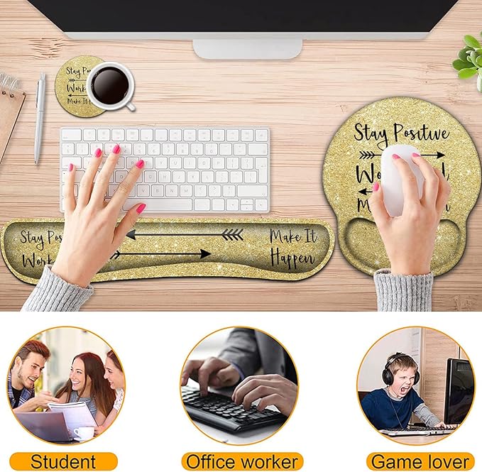 Keyboard Wrist Rest and Mouse Pad with Wrist Support, Ergonomic Gel Mouse Pad Coaster, Easy Typing Pain Relief,Keyboard Mousepad Set,Stay Positive Work Hard and Make It Happen Gold Glitter