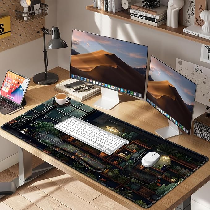 Aesthetic Green Plant Books Mouse Pad with Wrist Support 4 in1 Set, XXL Big Game Mousepad + Keyboard Wrist Rest + Mouse Wrist Rest Pad +Coaster Gaming Mat for Work Study I Japanese Anime Lofi Cat