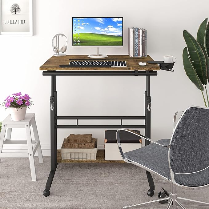 Mobile Standing Desk, Adjustable Rolling Computer Desk with 3 Desktops, Portable Laptop Table with Cup Holder, Home Office Laptop Workstation on Lockable Wheels, Black, Rustic Brown