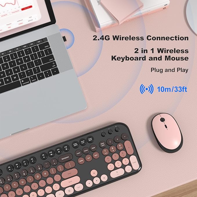 MOFII Wireless Keyboard and Mouse Combo, Full Size 2.4G Retro Round Computer Keyboard and Mouse Set, Plug and Play, for Windows, Computer, Desktop, PC, Notebook - (Lovely BlackBerry Gradient)