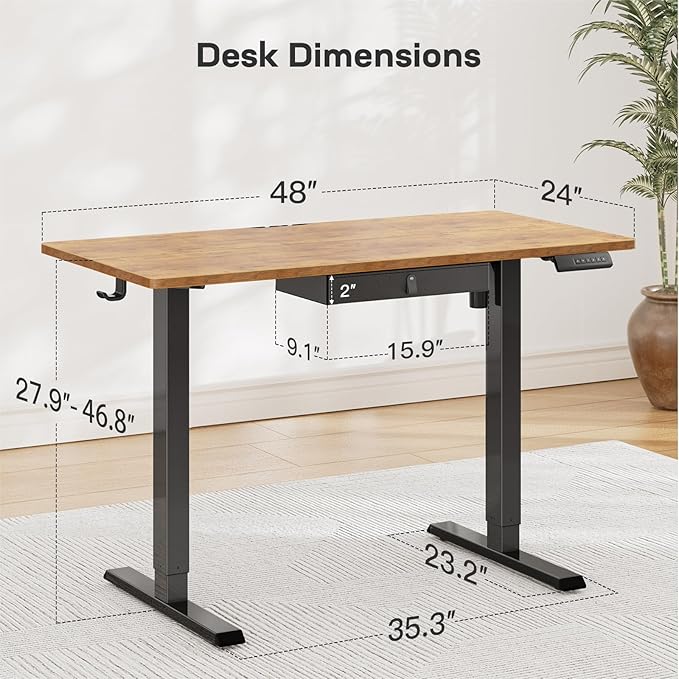 Marsail 48x24 Electric Standing Desk with Drawer, Computer Desk, Sit Stand Office Table with Storage & Hooks & Cable Management, Ergonomic Height Adjustable Table for Home Office, Brown