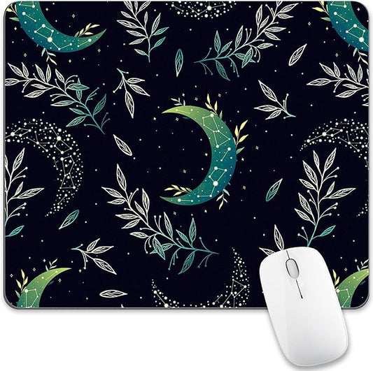 Black Moon Stars Mouse Pad Cute, Mystical Herb Square Computer Mousepads Washable Dark Boho Crescent Magic Nature Leaf Desk Mouse Pads Non-Slip Rubber Base for Gaming Office Laptop Wireless Mouse