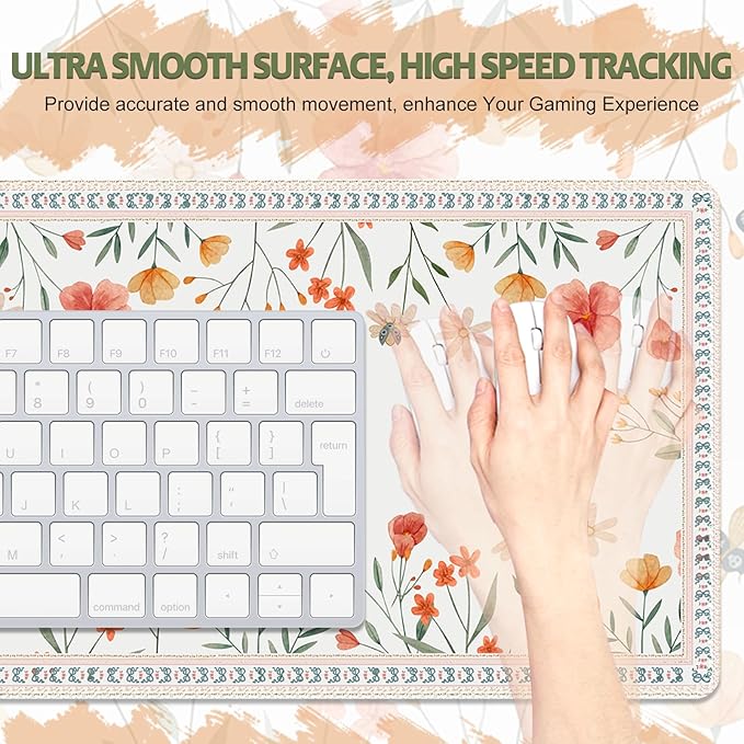 Desk Pad for Keyboard and Mouse, Large Mouse Pad for Desk, Non-Slip Keyboard Mat, Computer Mats for Desk, Cute Desk Pad with Stitched Edges for Office, Gaming I Apricot Butterflies Flowers