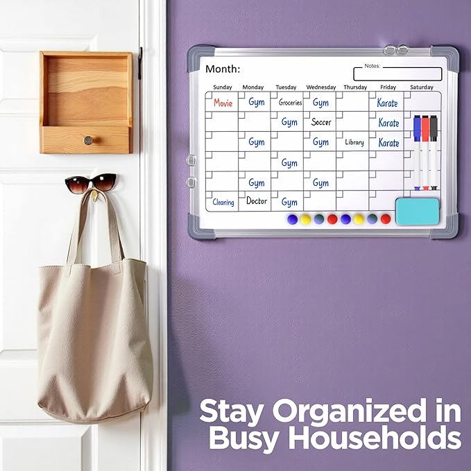 Large White Board Calendar Dry Erase Planner, Dual Side Magnetic Whiteboard for Fridge, Family Calendar Planning Boards w/Movable Hooks, Monthly Whiteboard with Lines, Memo, Pens & Eraser (16x12)