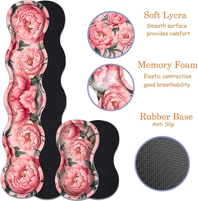 Large Gaming Mouse Pad + Keyboard Wrist Rest + Wrist Support + Coaster Set, Memory Foam Ergonomic for Easy Typing, XXL Extended Gaming Mouse Pad Table Pad - Art Pink Flowers