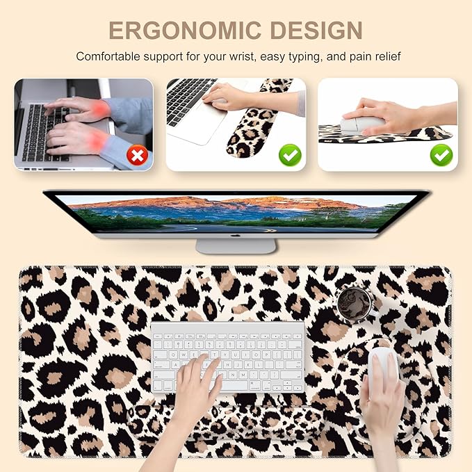iLeadon Mouse Pad Set, Desk Mat + Mouse Pad with Wrist Rest + Keyboard Wrist Rest + Coaster, 4in1 Leopard Mouse and Keyboard Pad Set for Home Office, Classic Leopard