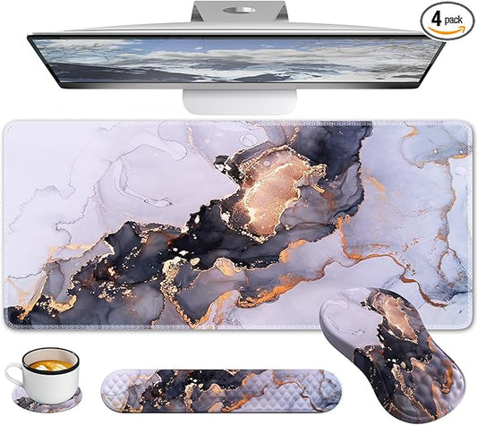 Desk Pad Mat, Large Mouse Pad with Wrist Rest, Ergonomic Keyboard Wrist Support, XXL Carpal Tunnel Mousepad Set with Coaster, Computer Keyboard Matt for Laptop Desktop, White Gray Marble