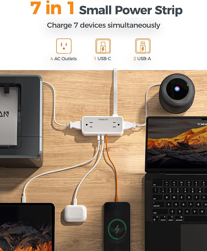 Flat Plug Extension Cord 10 FT, TESSAN Surge Protector Power Strip with 4 AC Outlets 1 USB C and 2 USB A Ports, 900 Joules Protection, Multiple Wall Outlet Extender Suitable for Home Office