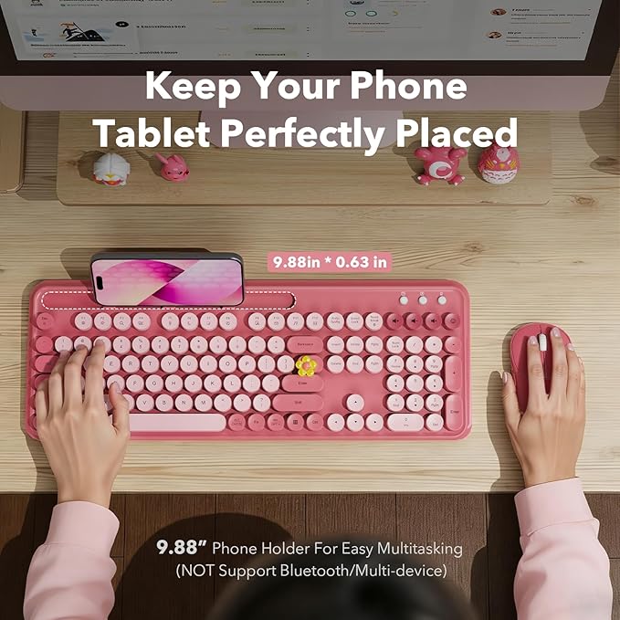 Wireless Keyboard and Mouse Combo, Cute Full-Size Typewriter-Style Keyboard, Retro Round Keycaps, Phone/Tablet Holder, 3-Level DPI Mouse, 2.4GHz Cordless for Mac Windows PC Laptop, Trueque CK13, Pink