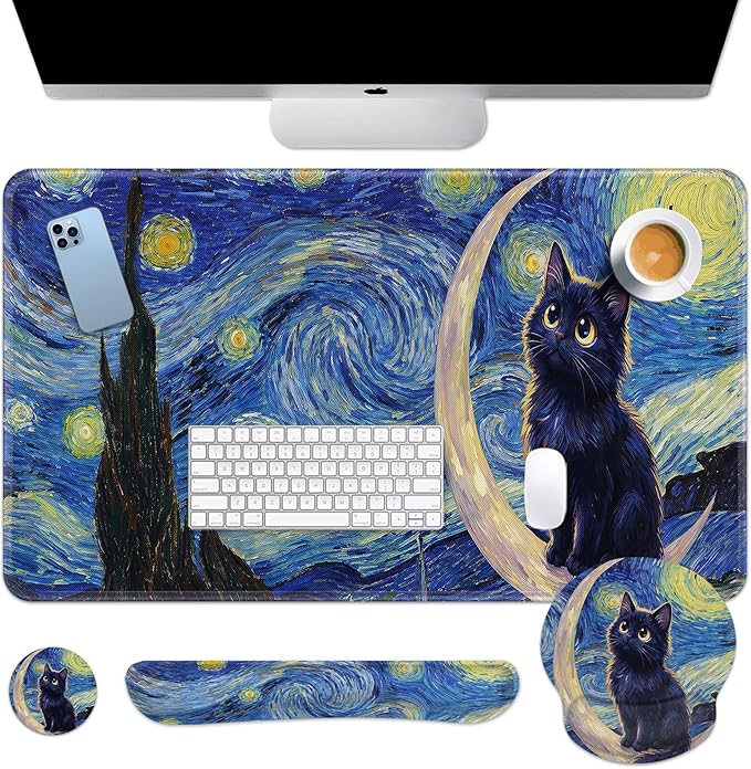 Arttown Cat Moon Star Desk Mat Blue Mouse Pad Set 4 in 1 Ergonomic Design Large Mouse Pad + Keyboard Wrist Rest + Mouse Wrist Rest + Coaster Suitable for Home Office Study Game