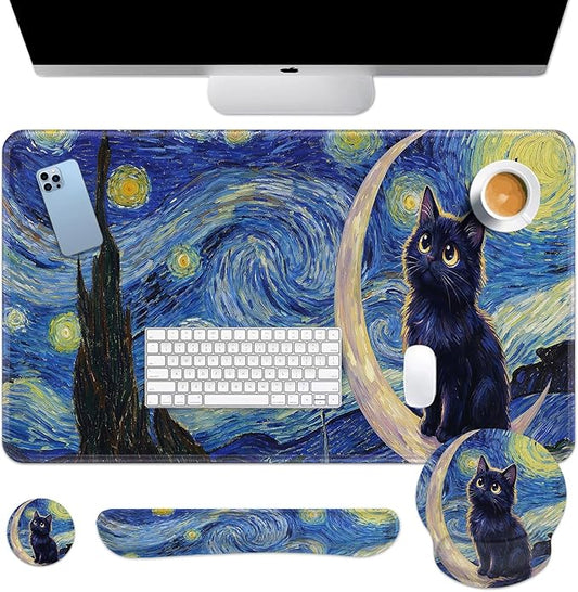 Arttown Cat Moon Star Desk Mat Blue Mouse Pad Set 4 in 1 Ergonomic Design Large Mouse Pad + Keyboard Wrist Rest + Mouse Wrist Rest + Coaster Suitable for Home Office Study Game