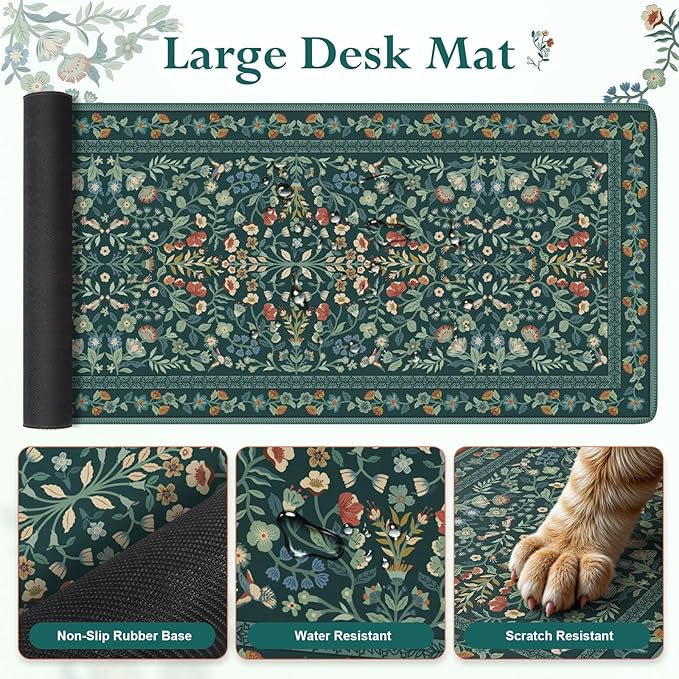 iLeadon Mouse Pad and Keyboard Wrist Rest, Extra Large Mouse Pad Set, Memory Foam Wrist Support for Keyboard, Ultra Smooth Dark Green Desk Mat Sets for Office Women(Floral)