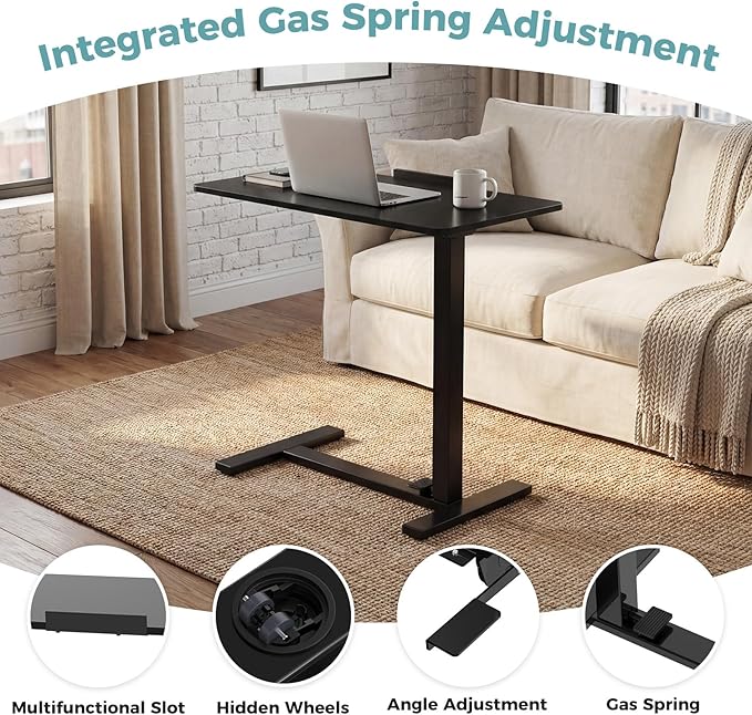 OLIXIS Mobile Standing Desk, Height-Adjustable Computer Cart with Pneumatic Lift, Portable Computer Workstation Cart for Bed, Couch, Office, Sofa, Black