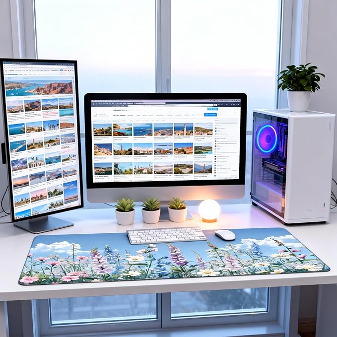 Cute Floral Aesthetic Wildflower Gaming Mouse Pad, Sky Blue Anime Desk Mat with Anti-Slip Base & Stitched Edges,35.4" x 15.7" in Desk Accessories for Women, Home Office Decor & Artistic Gift