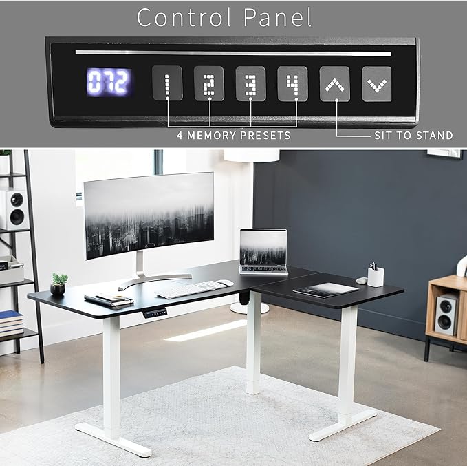 VIVO Corner Standing Desk, 63 x 47 inch Reversible L-Shaped Workstation, Electric Height Adjustment, Home, Office, and Reception Rooms, Black Table Top White Frame, DESK-E3CTWB-47