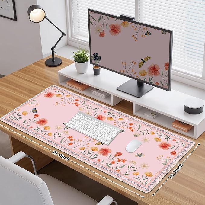 Desk Pad for Keyboard and Mouse, Large Mouse Pad for Desk, Non-Slip Keyboard Mat, Computer Mats for Desk, Cute Desk Pad with Stitched Edges for Office, Gaming I Pink Butterflies Flowers
