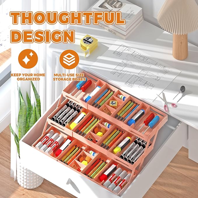 3 Tier Drawer Organizer - Expandable Junk Drawer Organizer Smart Office Supply Organizer, Folding Storage Multi-level Desk Organizer for Makeup,Jewelry,Kitchen Storage (1 Row 3 Tier, Pink)