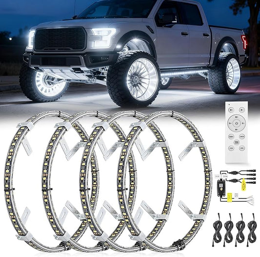 Nilight 4PCS 15.5inch Double Row LED Wheel Ring Lights Pure White with Remote Control w/Turn Signal Braking and Reverse Function Dual Row for Car Van SUV Truck