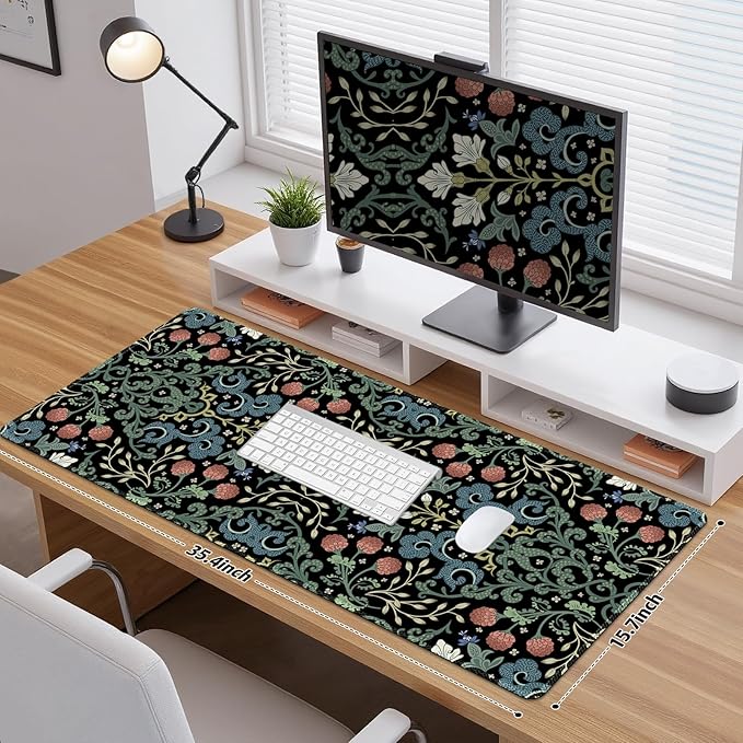 Desk Mat for Keyboard and Mouse, Large Non-Slip Mouse Pad Keyboard Pad, Computer Mats for Desktop, Desk Pad with Stitched Edges for Office, Gaming I Gothic Floral Morris Style