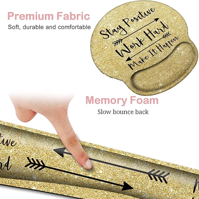 Keyboard Wrist Rest and Mouse Pad with Wrist Support, Ergonomic Gel Mouse Pad Coaster, Easy Typing Pain Relief,Keyboard Mousepad Set,Stay Positive Work Hard and Make It Happen Gold Glitter