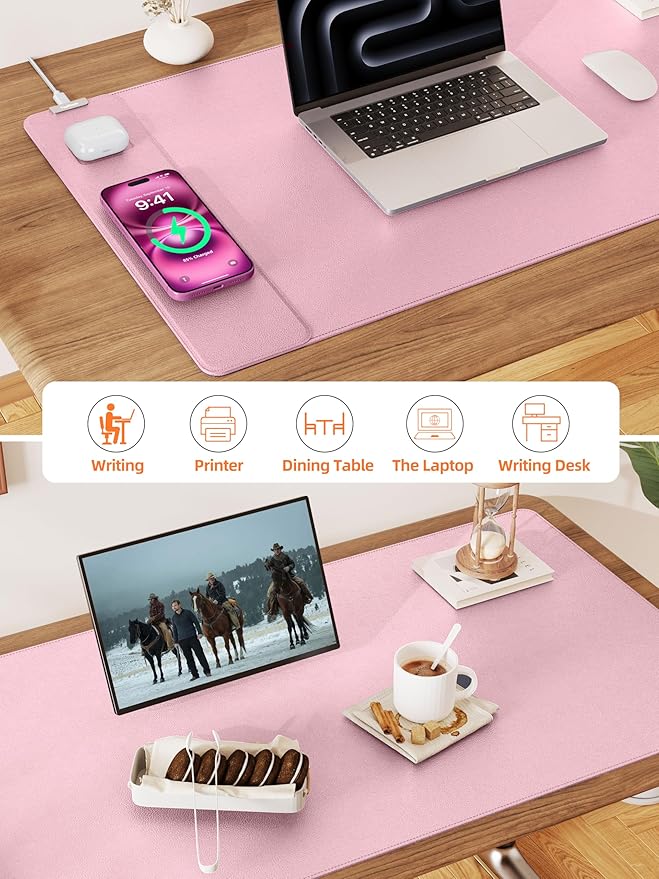 TopMade Mouse Pad with 15W Wireless Charging, XXL Large Leather Desk Mat, Waterproof Gaming Mousepad Home Office Desk Pad Protector, Computer Keyboard Pad, Mouse Mat for MacBook, PC, Laptop, Pink