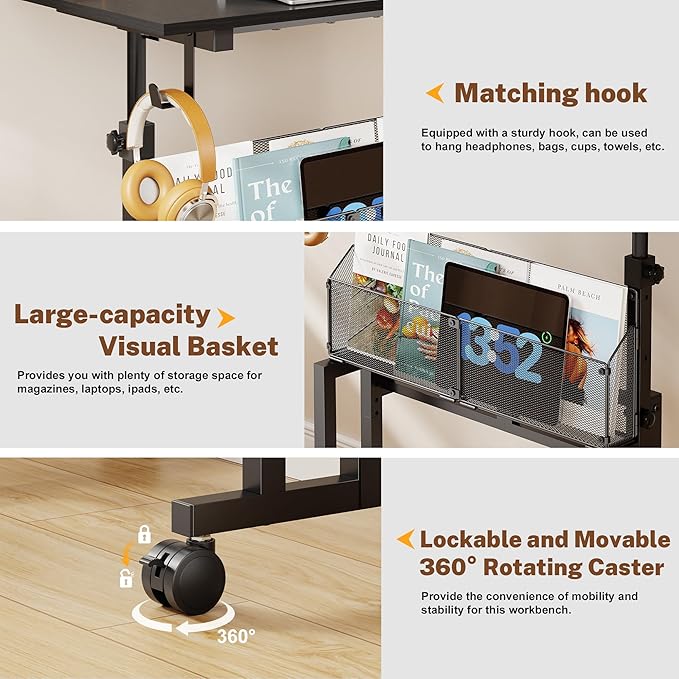 Height Adjustable Standing Desk With Storage, Small Stand Up Desk With wheels, Portable Rolling Desk for Home Office, Mobile Sit Stand Desk for Small Spaces, For Walking Pad Treadmill, Black