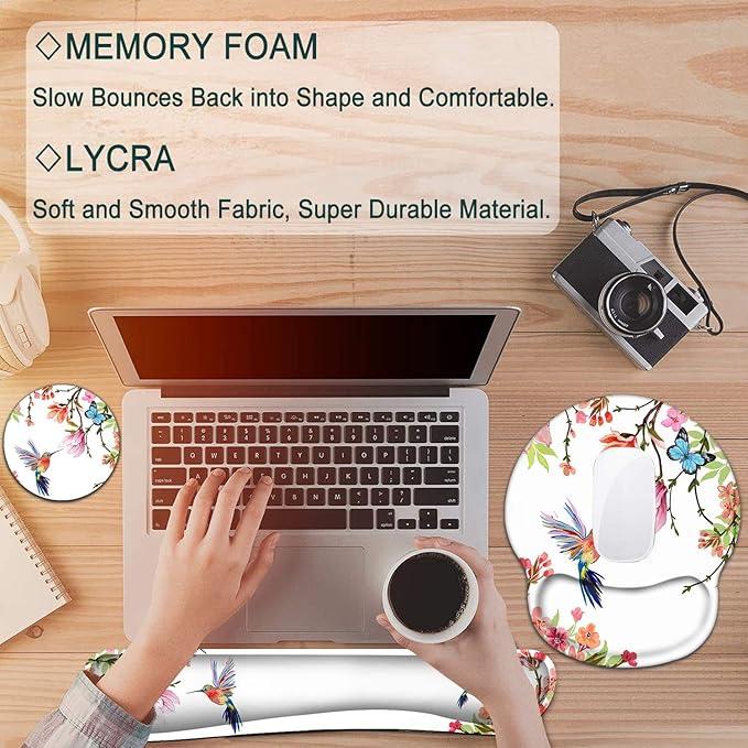 Keyboard Wrist Rest and Mouse Pad with Wrist Support, Ergonomic Gel Mouse Pad Coaster, Comfortable Lightweight for Easy Typing Pain Relief, Memory Foam Keyboard Mousepad Set,Hummingbird Flower
