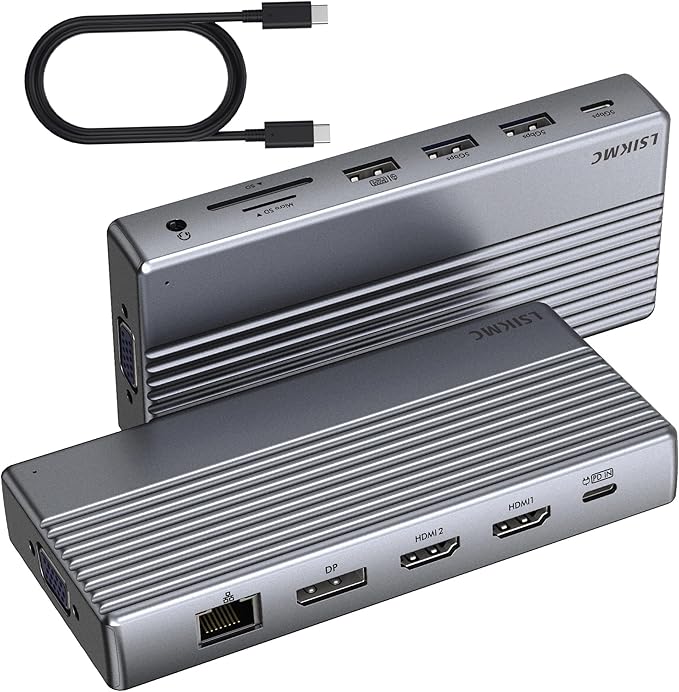 Laptop USB c Docking Station 4 Monitors,lsikmc 13-in-1 usbc Hub with Dual HDMI 4k,DP 4k, VGA, 100W PD, Gigabit Ethernet,3*USB 3.0/USB-c,SD/TF Card Reader,3.5Audio, Computer Dock for Dell/HP/Lenovo