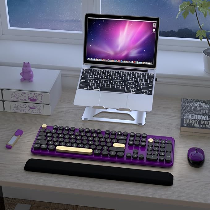 Wireless Keyboard and Mouse Combos, Retro Keyboard and Mouse Wireless Full Size, 2.4Ghz Connection and Optical Mouse for Windows, Mac, PC, Laptop for Home and Office (Purple-Black)