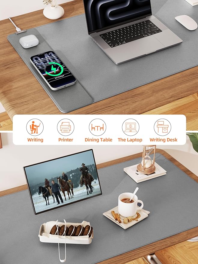 TopMade Mouse Pad with 15W Wireless Charging, XXL Large Leather Desk Mat, Waterproof Gaming Mousepad Home Office Desk Pad Protector, Computer Keyboard Pad, Mouse Mat for MacBook, PC, Laptop, Gray