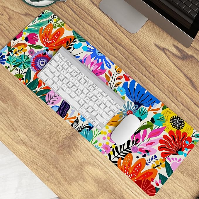 Boho Colorful Botanical Wildflower Mouse Pad,XL Large Floral Aesthetic Bright Maximalist Desk Mat,Folk Art Botanical Flower Mousepad for Home Office Dorm Desktop Decor,31.5x11.8 Inch