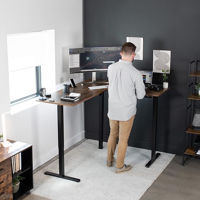 VIVO Corner Standing Desk, 63 x 55 inch Reversible L-Shaped Workstation, Electric Height Adjustment, Home, Office, and Reception Rooms, Rustic Vintage Brown Table Top Black Frame, DESK-E3CTN