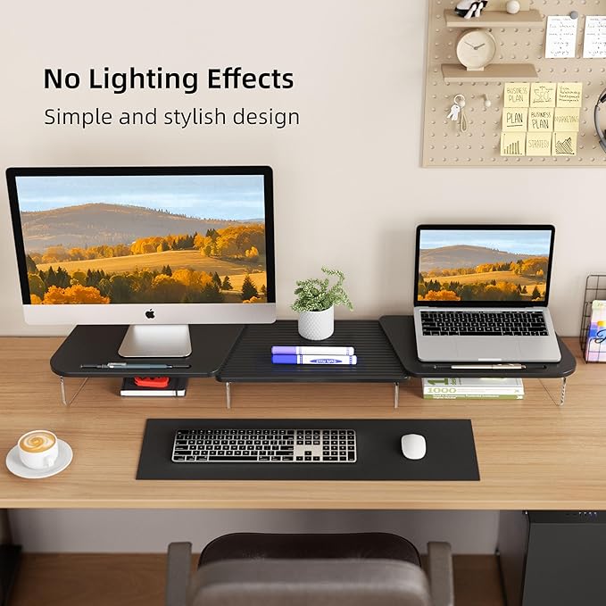 LED Dual Monitor Stand Riser for 2 Monitors,Office Desktop Wooden Stand Adjustable Length and Angle 3 Shelf,Extra Long Multifunctional Stand up to 39.3" for Computer,Laptop,TV,Black