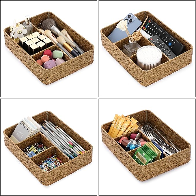 BTSKY Desk Drawer Organizer Tray, Coffee Station Organizer Tea Bag Organizer, Woven Seagrass Storage Basket with 4 Divided Sections Handwoven Wicker Storage Basket for Shelves, Pantry, Coffee Bar