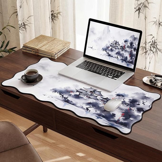 Kingdder Scalloped Japanese Desk Mat Large Aesthetic Ink Mouse Pad 31.5" x 15.7" Chinoiserie Nonslip Rubber Base Keyboard Pad for Laptop Gaming Office Computer Dorm Home