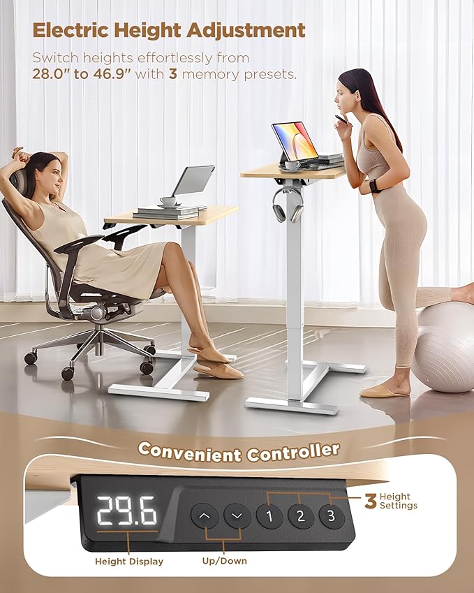 Overbed Bedside Table with Wheels, Electric Standing Desk Adjustable Height, Small Computer Desk for Home Office, Rolling Laptop Desk for Bed, Sofa, or Hospital Use (24"x16",Oak)