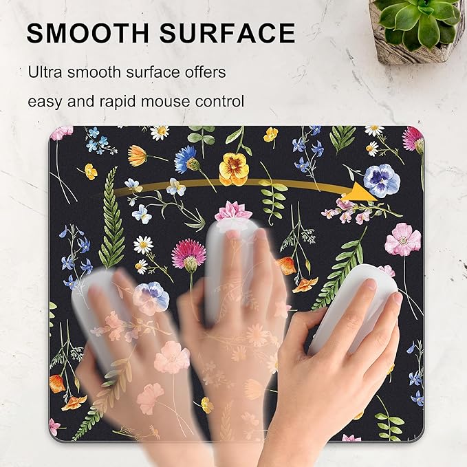 Floral Mouse Pad Mousepad Flower Black Cute Pretty Aesthetic Desk Mat Daisy Plant Botanical Leaf Square Women Laptop Computer Gaming Office Small Portable Non-Slip Wireless Washable Accessories