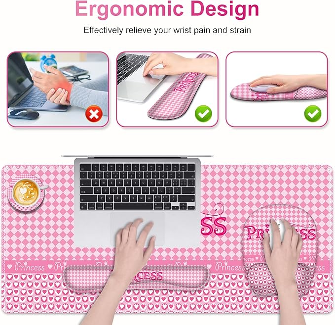 Mouse Pad with Wrist Support 4 in1 Set, XXL Big Game Mousepad + Keyboard Wrist Rest + Mouse Wrist Rest Pad +Coaster Gaming Mat for Home Office Work Computer Laptop I Pink Checkered Princess Girl