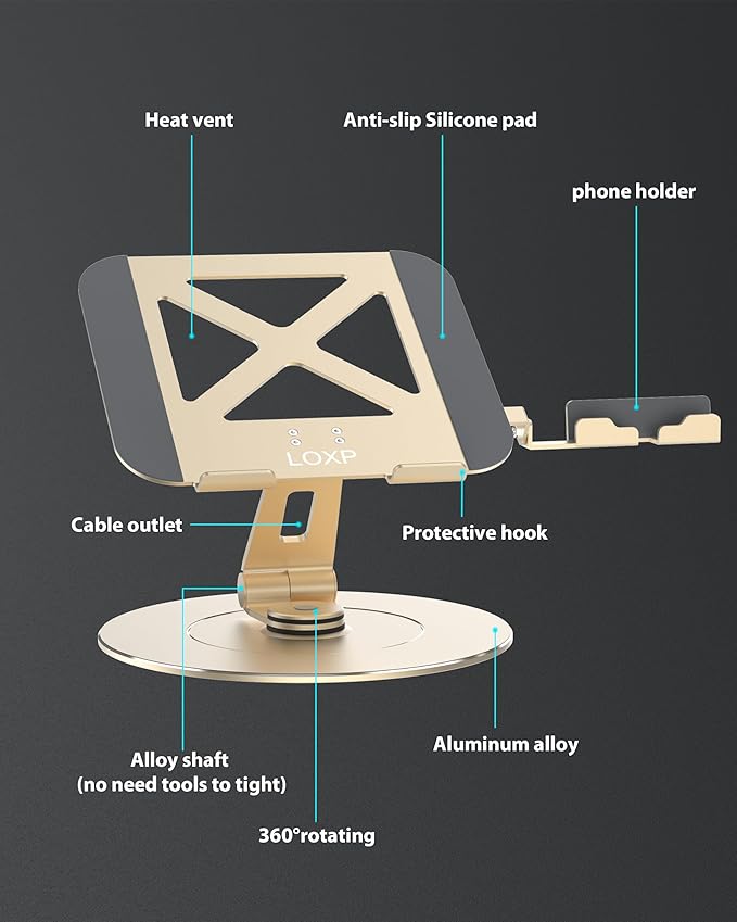 Ultra-Stable Aluminumy Laptop Stand for Desk with Foldable Phone Holder, 300% Large Base Stability, Anti-Loosening, Printer Stand Suitable for 10"-17.3" Laptops, Champagne Golden