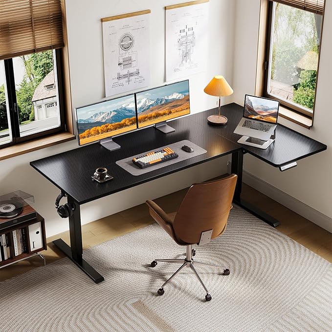 OffiGo Electric L Shaped Standing Desk, 63 Inches Height Adjustable Table, Reversiable Corner Stand Up Desk, Lifting Computer Table for Home Office, Computer Workstation, Carbon Fiber Black
