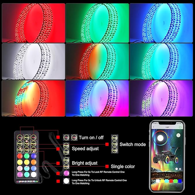 15.5inch Double Row Wheel Lights with APP & Remote Control, RGB Chasing Wheel Ring Lights with Turn & Braking Signal Compatible with Various Trucks, SUV, and Cars