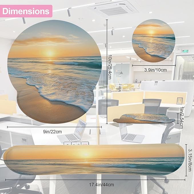 Beach Sunset Keyboard Wrist Rest Pad and Mouse Pad Wrist Support Set,3-in-1 Ergonomic Mouse Pad with Non-Slip Rubber Base for Home Office Game Computers Desk,