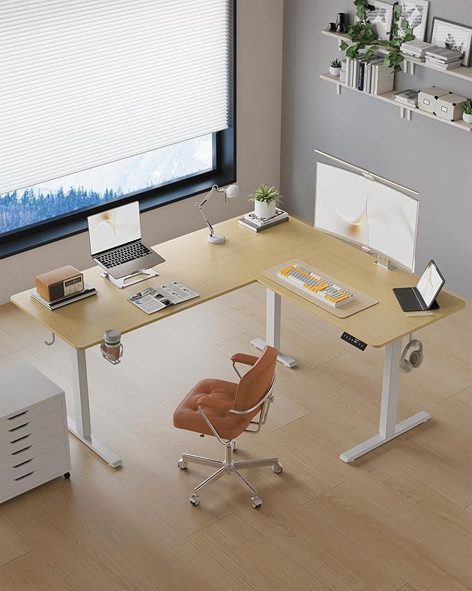 75X61 Inches Reversible L Shaped Standing Desk Height Adjustable, Electric Corner Computer Desk with Cup Holder, Sit Stand up Home Office Desk, Ergonomic Gaming Desk, Oak