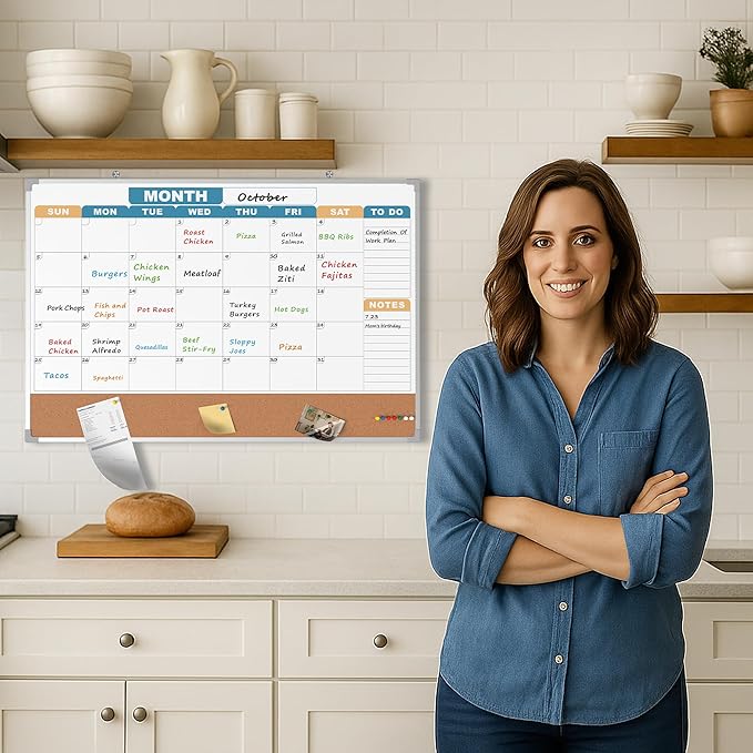 Monthly Calendar Dry Erase Board 36x24 Inch, Double-Sided Whiteboard and Corkboard Combo with Silver Aluminum Frame (Color Calendar), Wall Mounted Planer with Marker, Magnet, Push Pin, Eraser