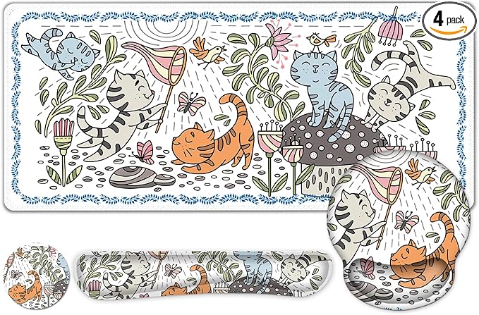 Cute Desk Mat, 4in1 Large Mouse Pad with Wrist Rest, Desk Matt for Desktop, Desk Pad Mat, Anti-Slip XXL Computer Ergonomic Mousepad with Wrist Support for Keyboard and Mouse I Funny Cat Animals