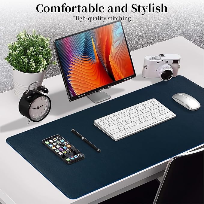 Dark Blue Leather Desk Mat Large Mouse Pad, Waterproof Desk Pad for Keyboard and Mouse, Non-Slip Computer Desk Protector, Smooth Mouse Movement Desk Mat for Home and Office(31.5"×15.7")